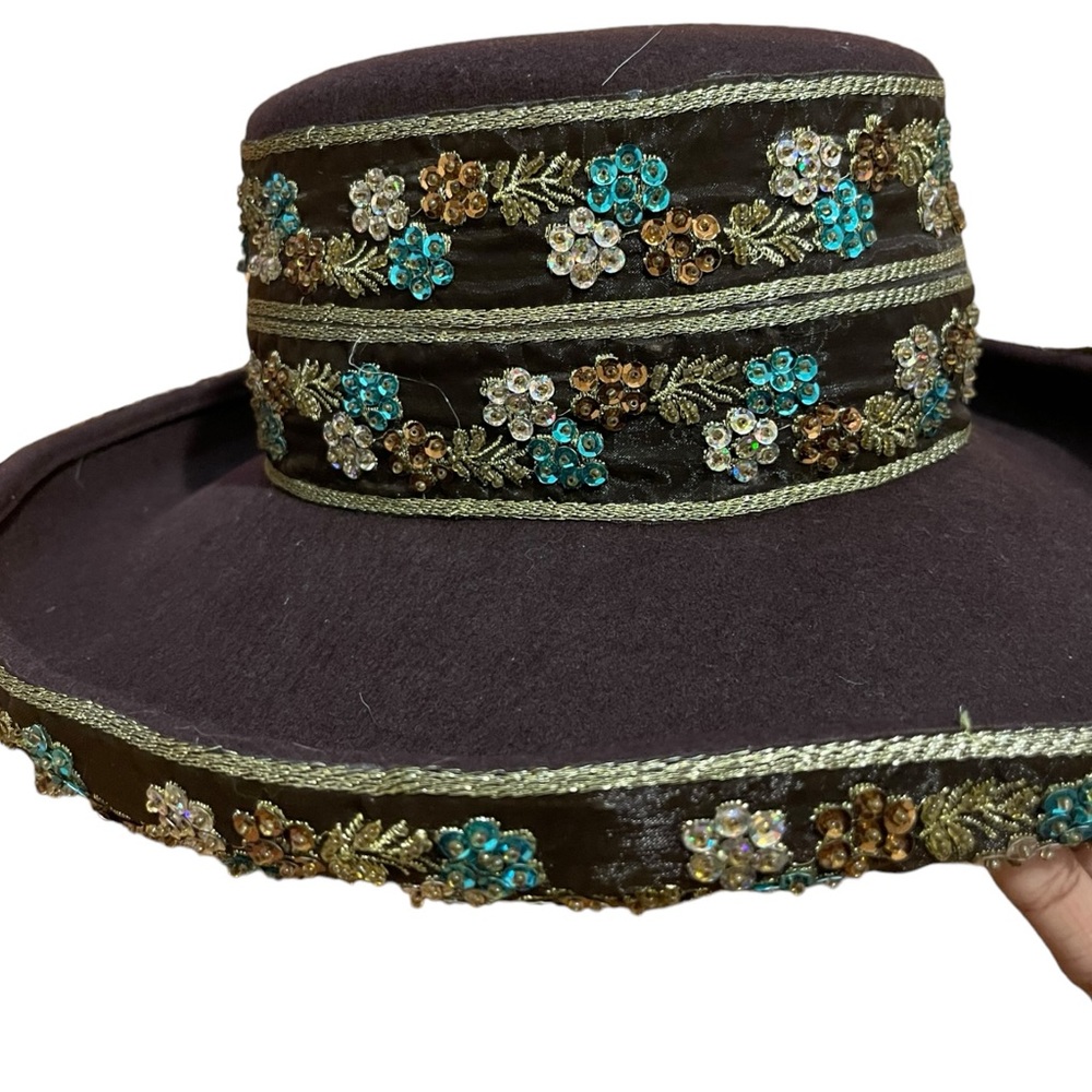 Vintage Whittall & Shon Brown 70s 100% Wool Bedazzled Women Hat